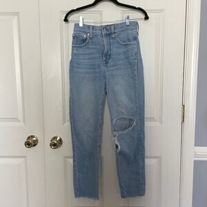 Madewell High Rise Straight Jeans Size 28 Raw Hem Distressed Knee Vintage Wash